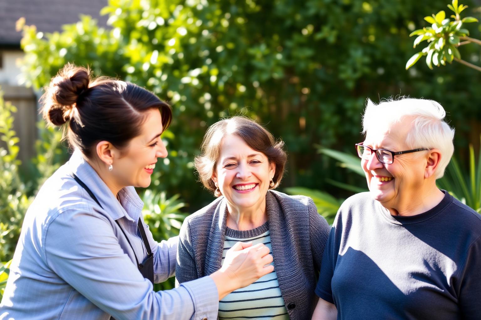 Support worker and participants sharing a warm moment in a sunlit garden